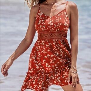 Cupshe Dress Women’s Size Medium Red Floral Crochet Waist Mini Dress NWT